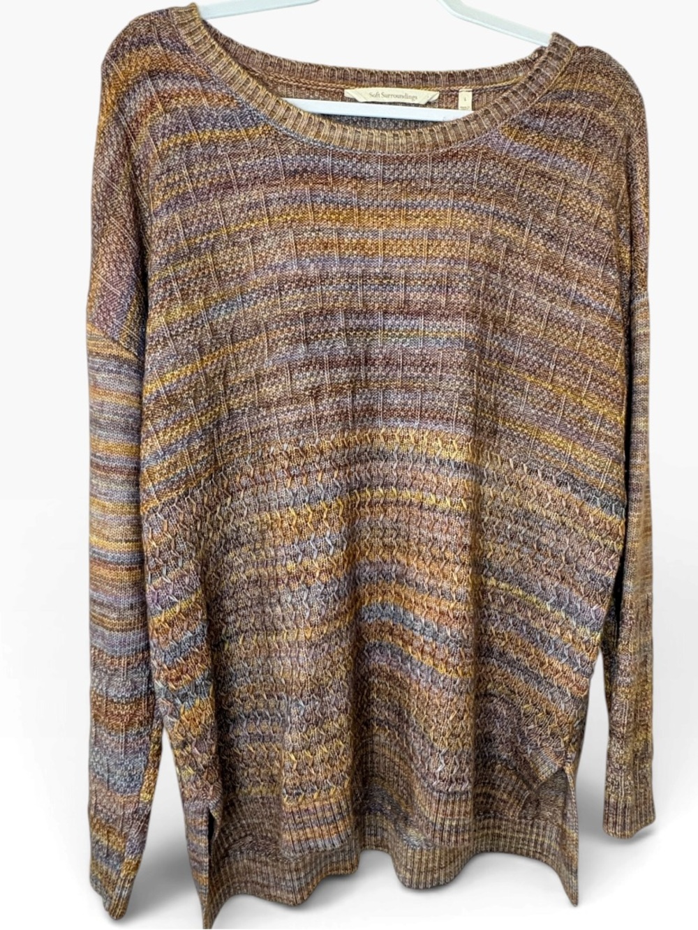 Soft Surroundings Striped Crewneck Sweater in Brown, Gold, Gray